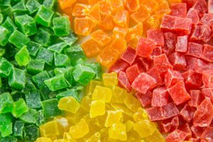 photo of colorful fruit gummies, cubed